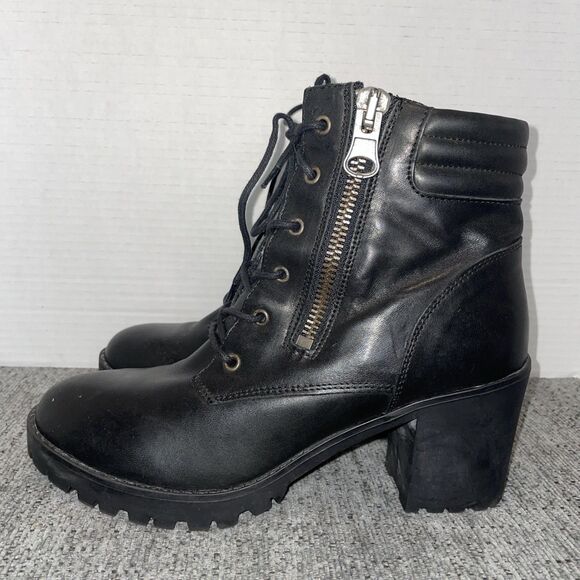 Steve Madden Booties Womens 10 Black Lace Up Leather High Heel Moto Ankle Boots - Picture 4 of 14